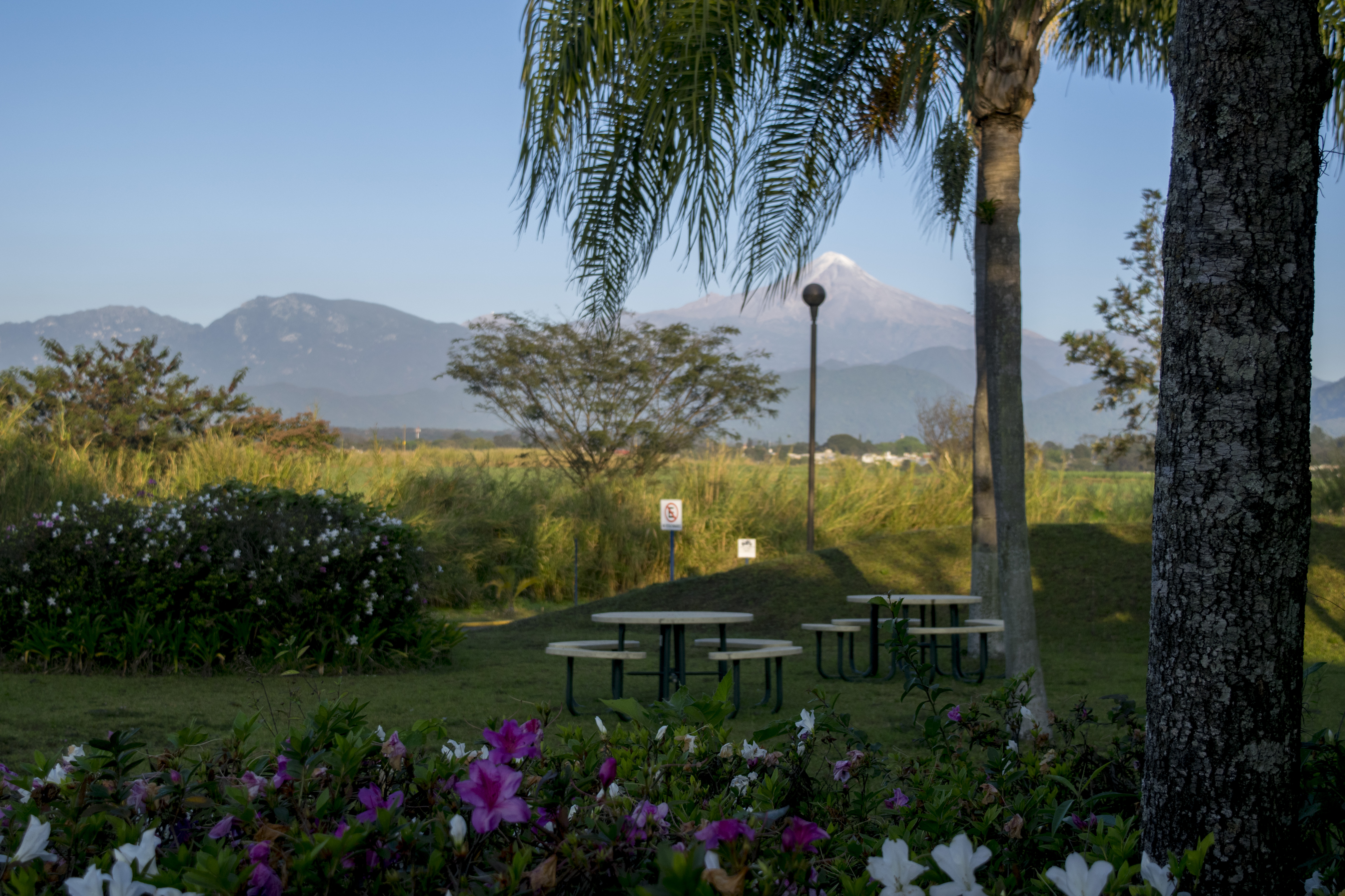 Vista desde las mesitas en Aulas 2, lugar ideal para el estudio con vista al pico de Orizaba.