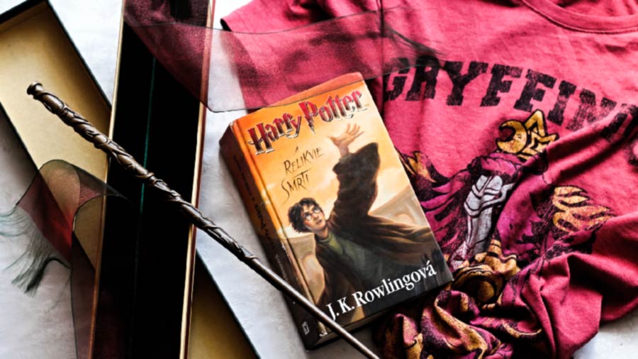 Libro de Harrry Potter con props al lado