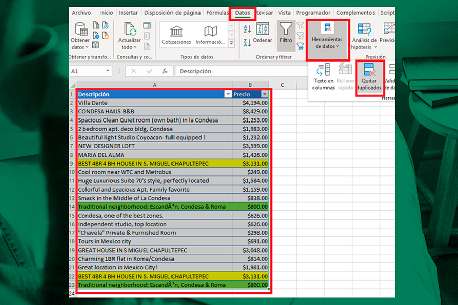 Borrar datos repetidos en Excel
