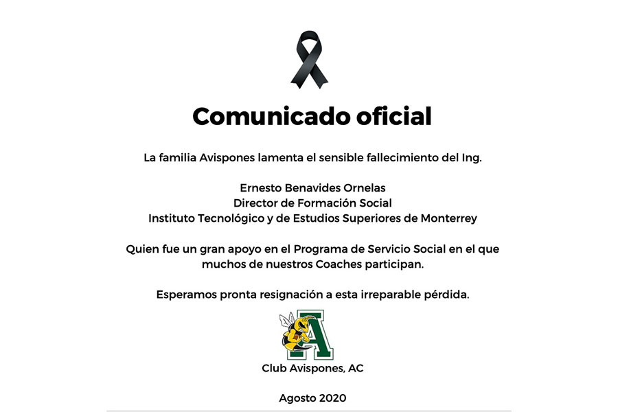 Mensaje condolencia Ernesto Benavides Club Avispones