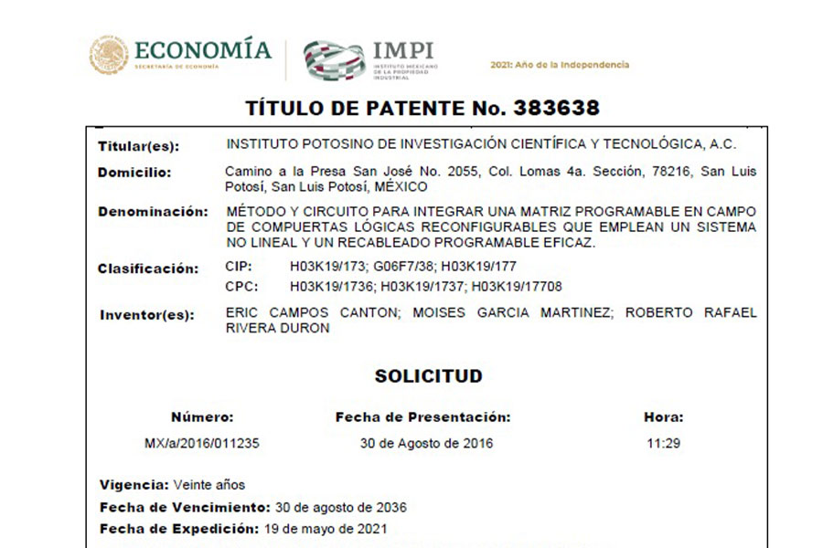 La patente recién registrada en la Secretaría de Economía del gobierno de México.