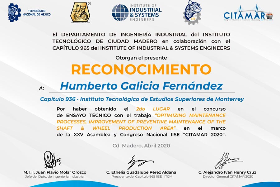Reconocimiento electrónico del segundo lugar obtenido por Humberto Galicia.
