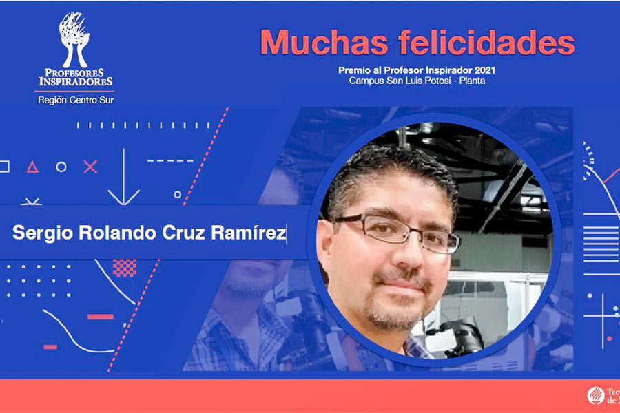 Diseño de felicitación por el Premio al Profesor Inspirador con fotografía del Dr. Rolando sonriendo
