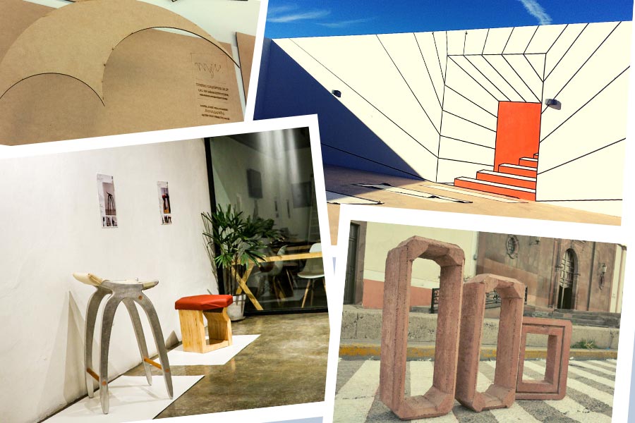 Collage de proyectos elaborados: modelos de sillas, diseño de estructuras, tape art, bloques Cemex 