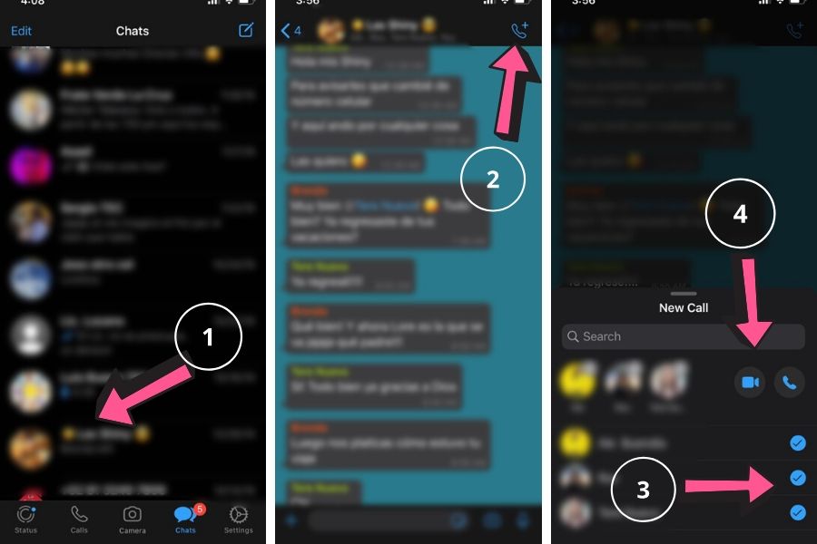 Imágenez de ventana de whatsapp explicando los pasos para realizar una videollamada en un chat de grupo