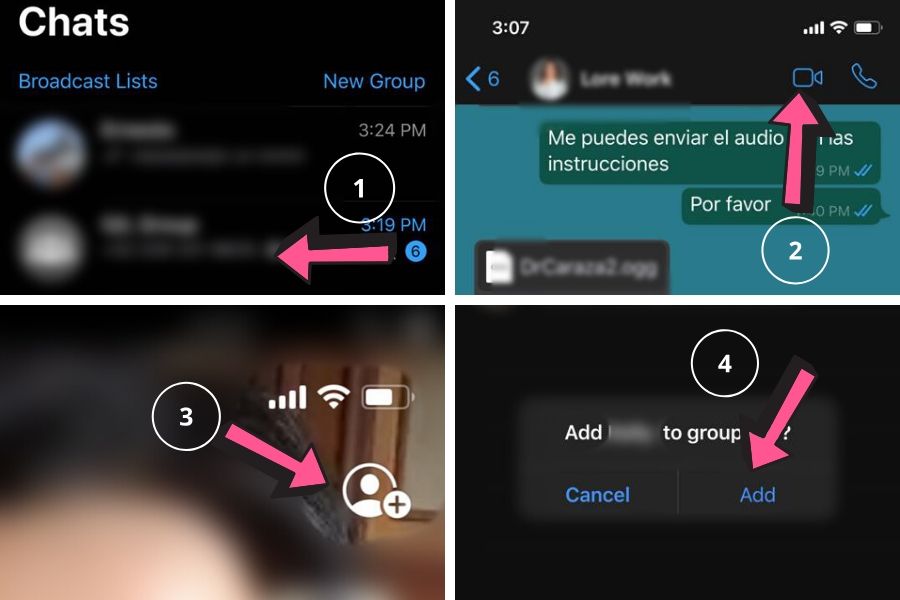 Pantallas de whatsapp para explicar videollamadas grupales desde un chat individual