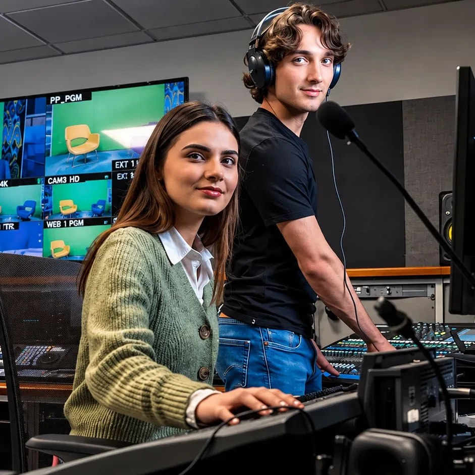 Estudiante operando equipo de audio en un estudio de grabación.