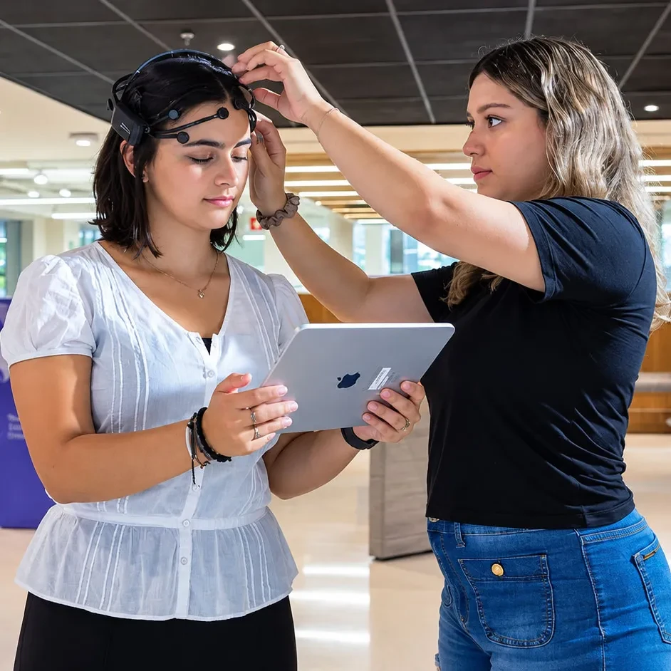 Estudiantes trabajando juntos con dispositivos tablet en una sala de estudio.
