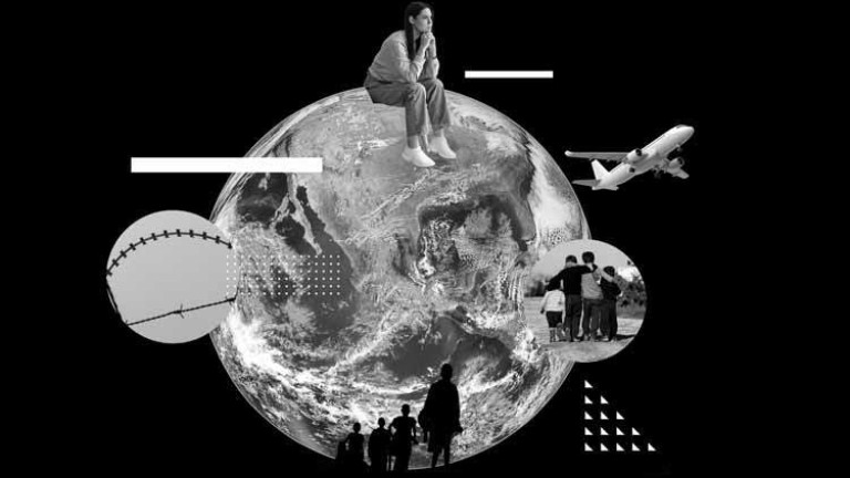 ilustración de una mujer sentada sobre un mundo 