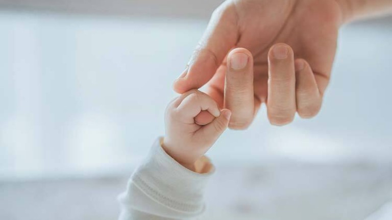 imagen de un dedo de un bebé agarrando una mano adulta