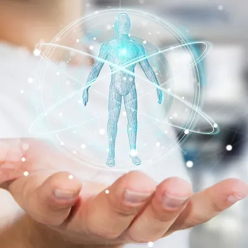 Hand holding a digital representation of the world and a human figure as a symbol of artificial intelligence.