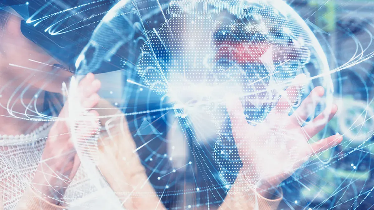 Person using virtual reality goggles interacting with a digital model of planet Earth, surrounded by graphs and technological connections.
