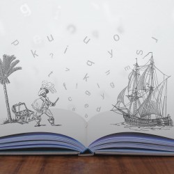 Libro abierto con dibujos que cuentan una historia.